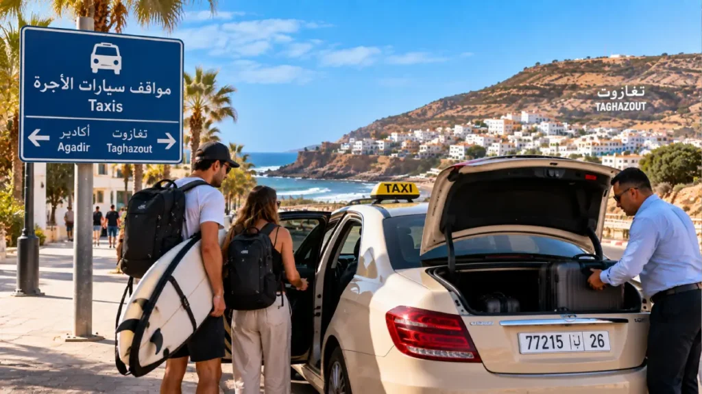 Taxi with travelers and surfboard traveling from Agadir to Taghazout