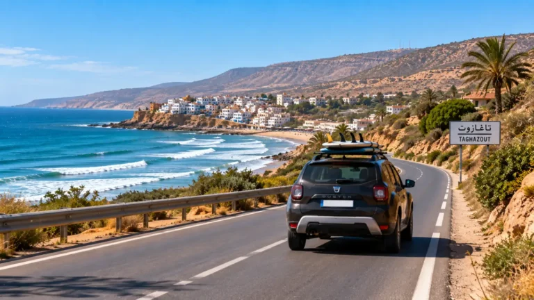 Car carrying surfboards driving along the coast from Agadir to Taghazout