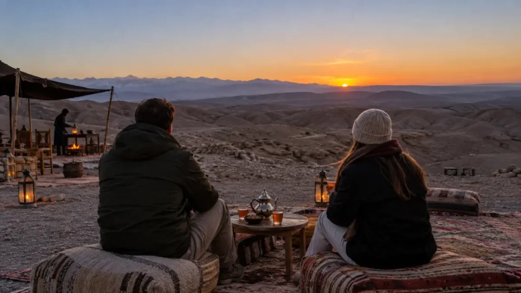 Travelers wearing warm jackets at sunset in the Agafay Desert in February