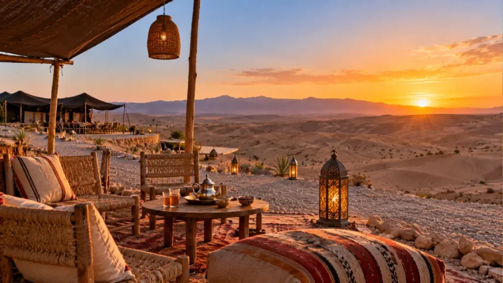 Agafay Desert camp near Marrakech at sunset with rocky hills and Atlas Mountains