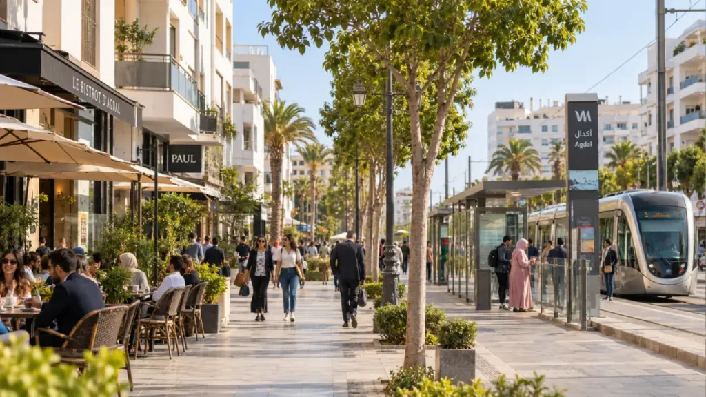 Cafés, shops and tram stop in the Agdal neighborhood of Rabat Morocco