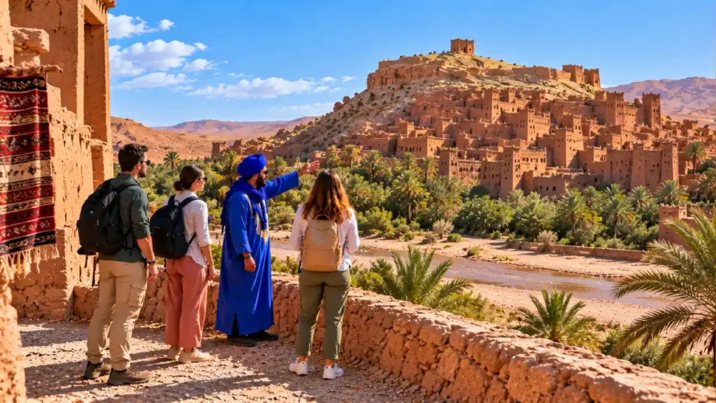 Travelers with local guide overlooking Ait Ben Haddou during a Marrakech to Fes desert tour