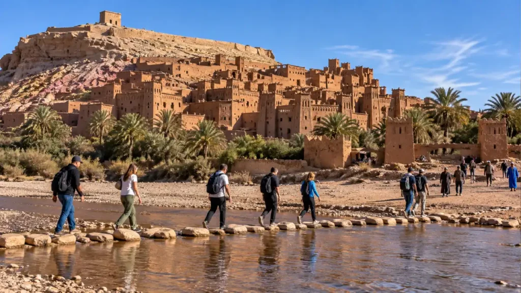 Travelers crossing the river to visit Ait Ben Haddou on a Marrakech to Zagora desert tour