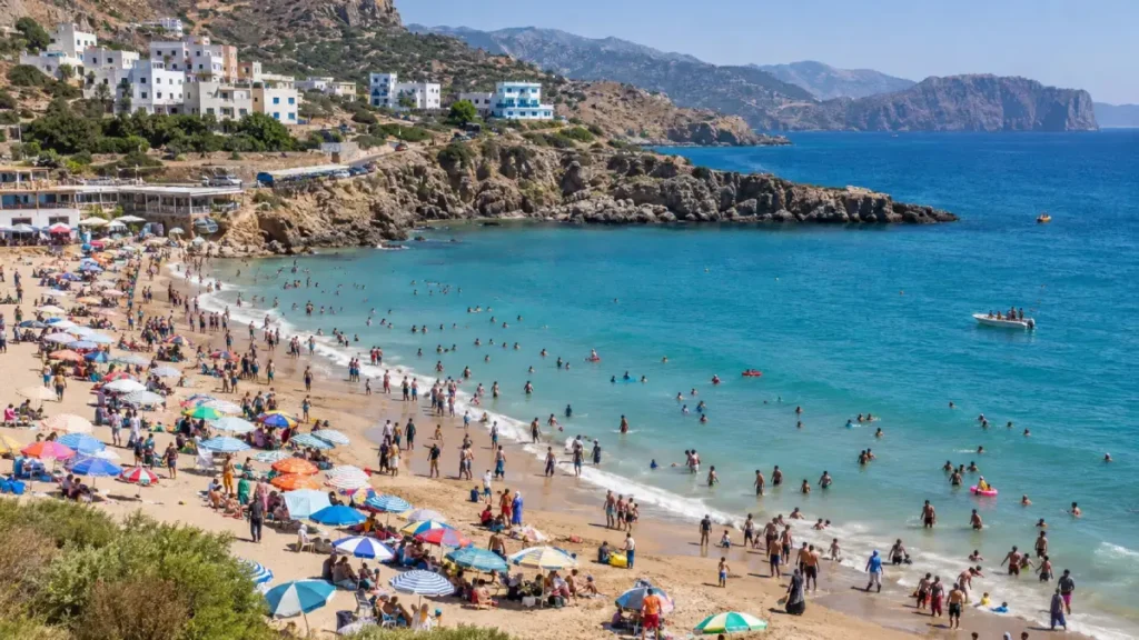 Moroccan families and swimmers at a busy Mediterranean beach near Al Hoceima in August