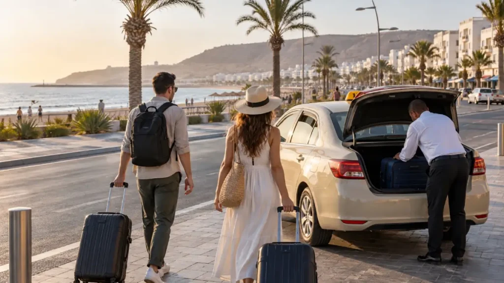 Travellers with luggage beside a taxi on Agadir’s beachfront
