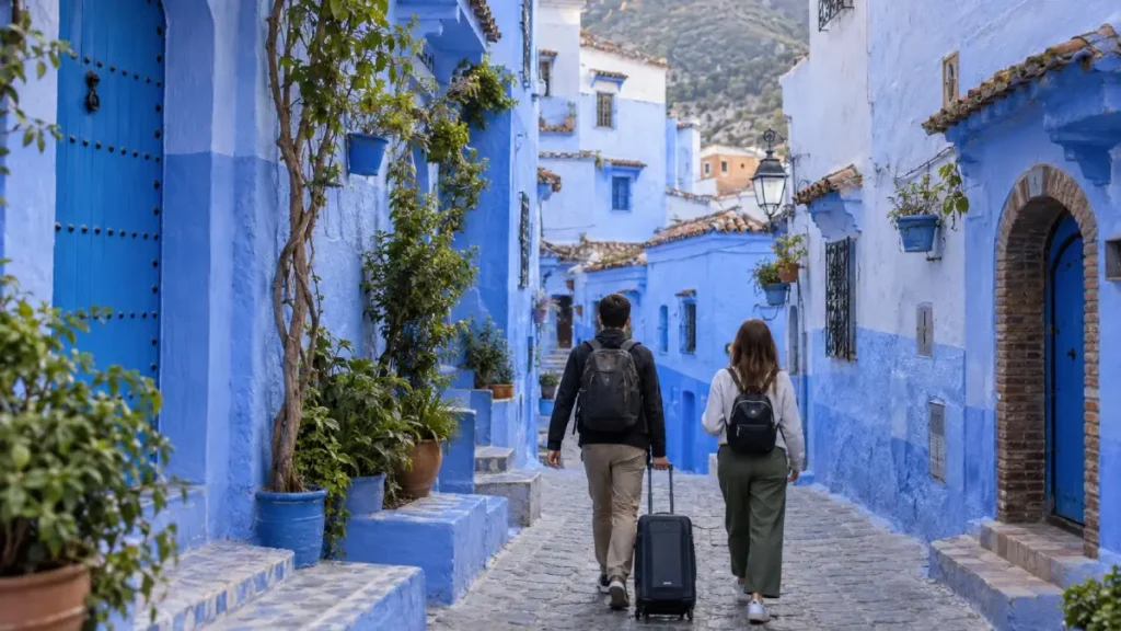 Travellers walking with luggage through the blue streets of Chefchaouen