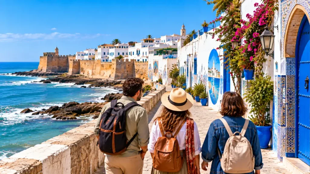 Travelers walking along the seafront and whitewashed medina walls in Asilah Morocco
