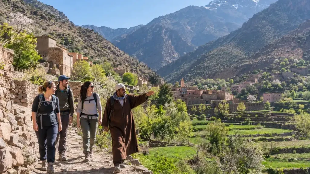 Local guide walking with travelers on an Atlas Mountains day trip from Marrakech