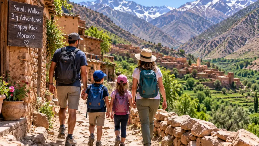 Family with children walking through an Atlas Mountains village in Morocco
