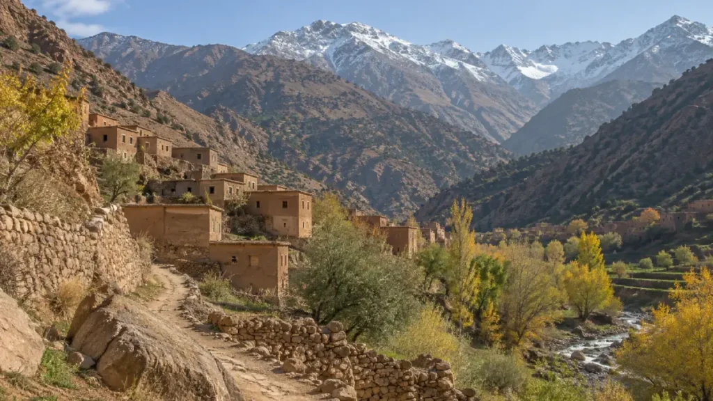 High Atlas village and snow-dusted peaks during a November day trip from Marrakech