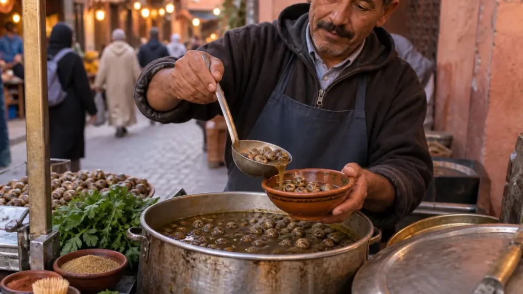 Vendor serving Moroccan babbouche snail soup from a street-food cart