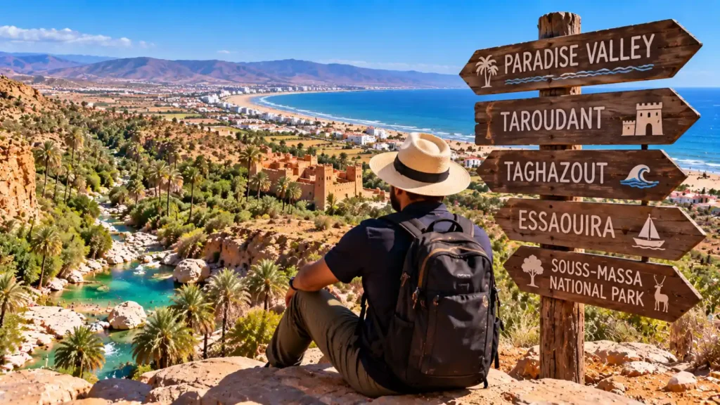 Traveler overlooking Paradise Valley, Taghazout coast and other Agadir day trip destinations