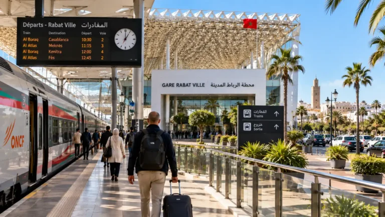 Traveler at Rabat Ville station preparing for a day trip by train in Morocco
