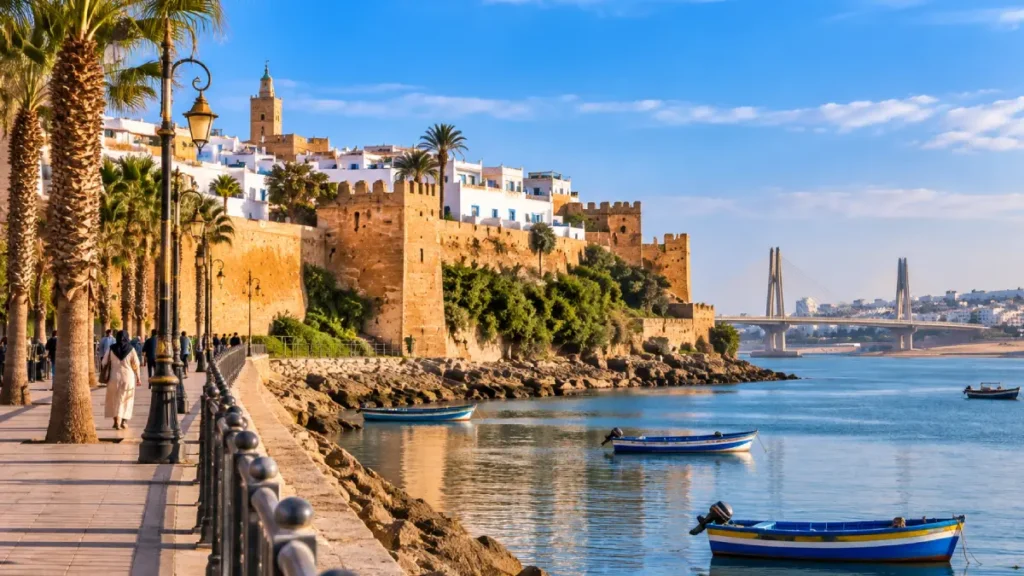 Bouregreg riverfront with boats and historic walls in Rabat Morocco