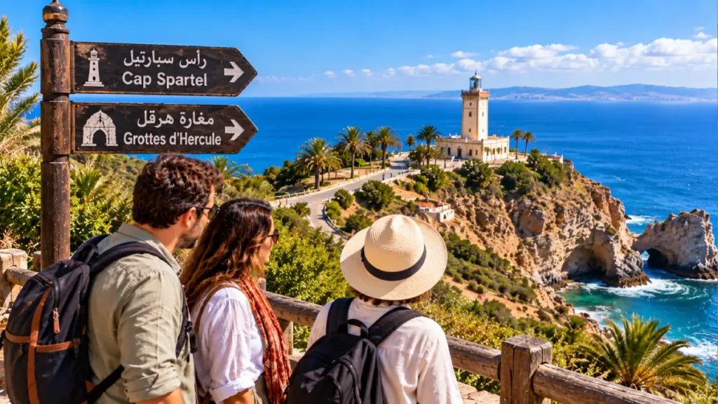 Travelers overlooking Cape Spartel and the Hercules Caves coastline near Tangier