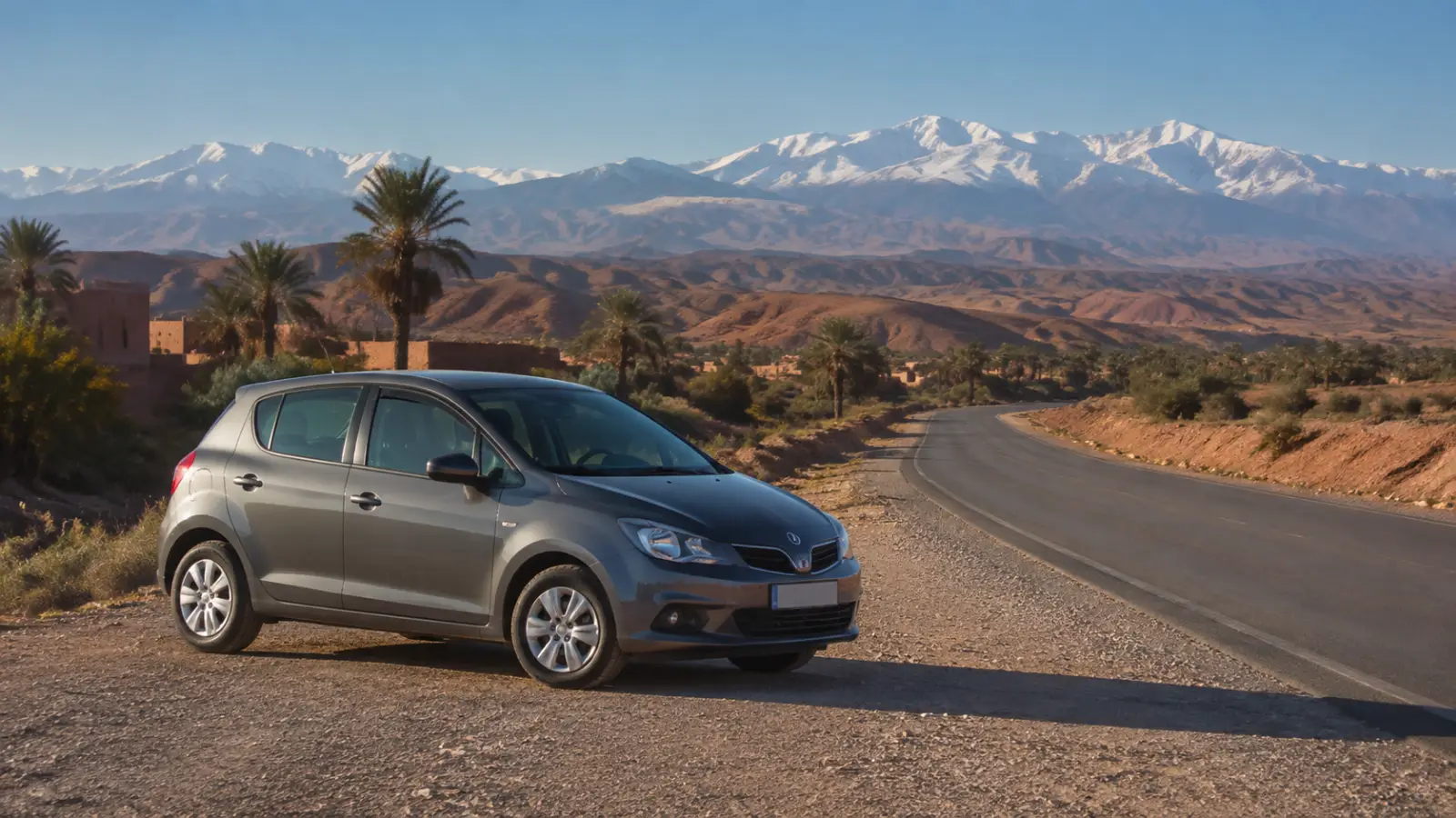 Rental car on a road outside Marrakech with the Atlas Mountains in the background