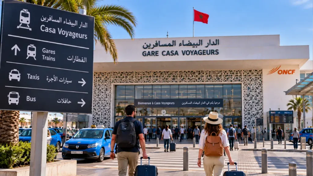 Travelers arriving at Casa Voyageurs railway station in Casablanca