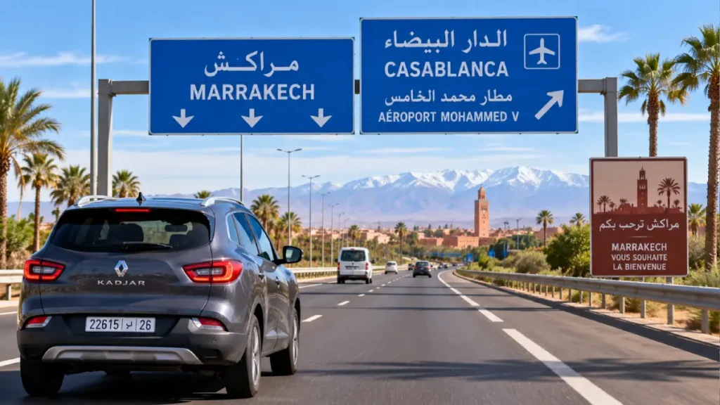 Rental car driving from Casablanca Mohammed V Airport toward Marrakech
