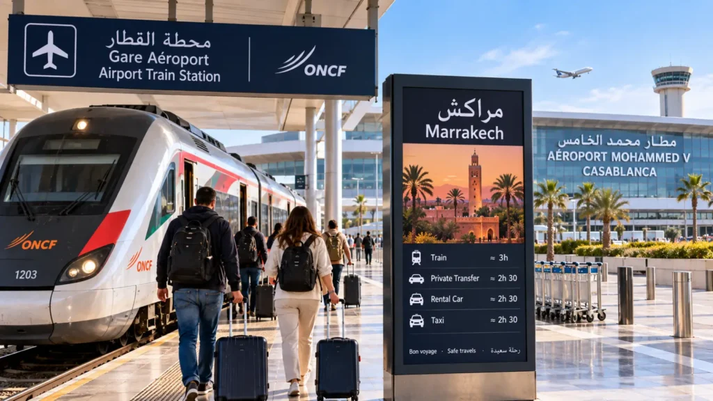 Travelers boarding an ONCF train at Casablanca Mohammed V Airport for Marrakech