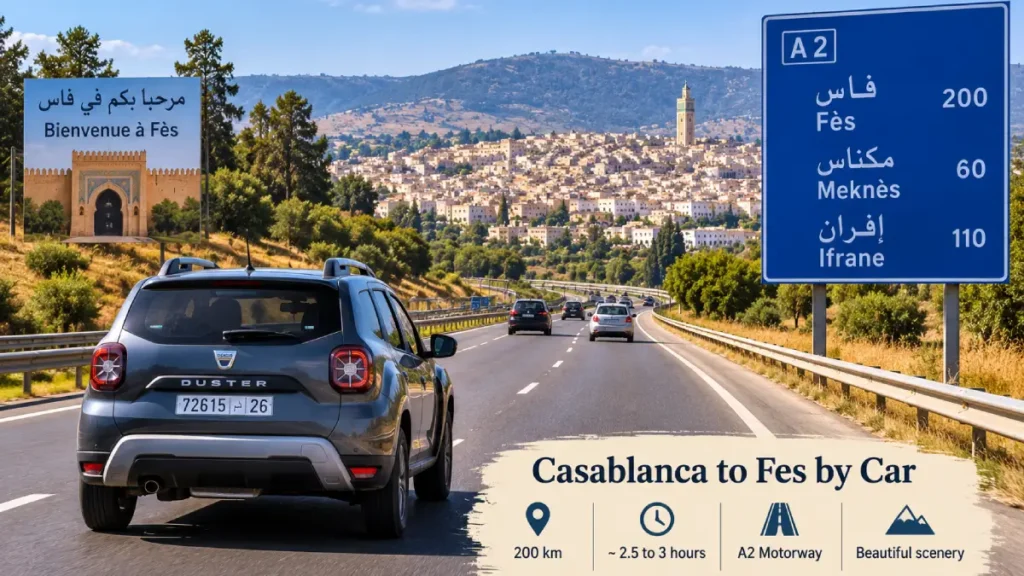 Rental car driving from Casablanca to Fes on a Moroccan motorway