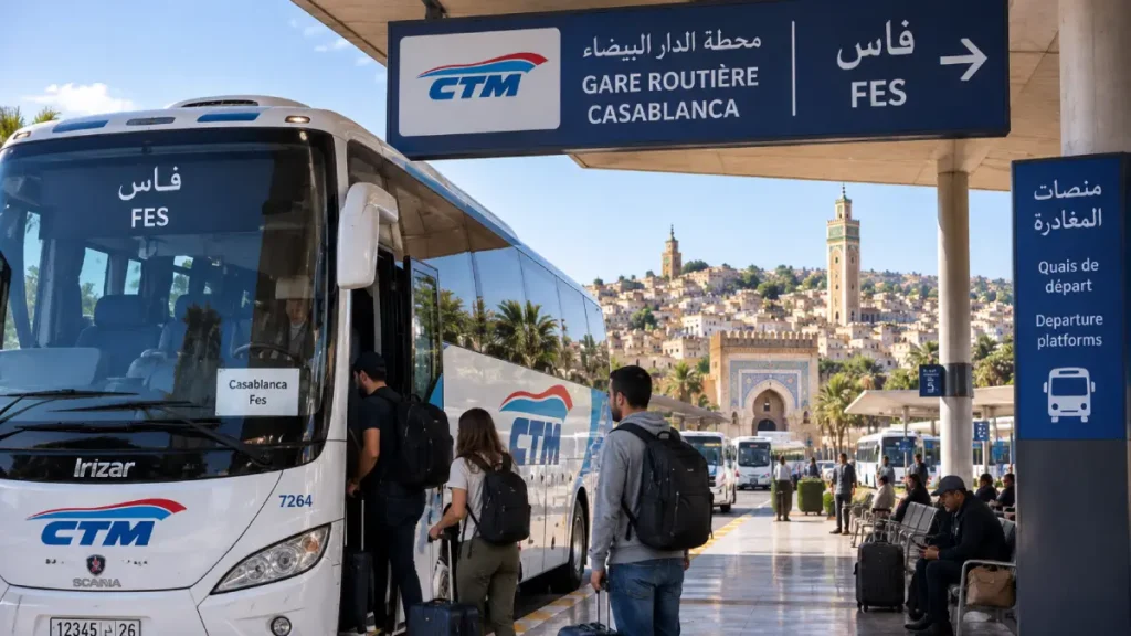Travelers boarding a CTM bus from Casablanca to Fes with luggage