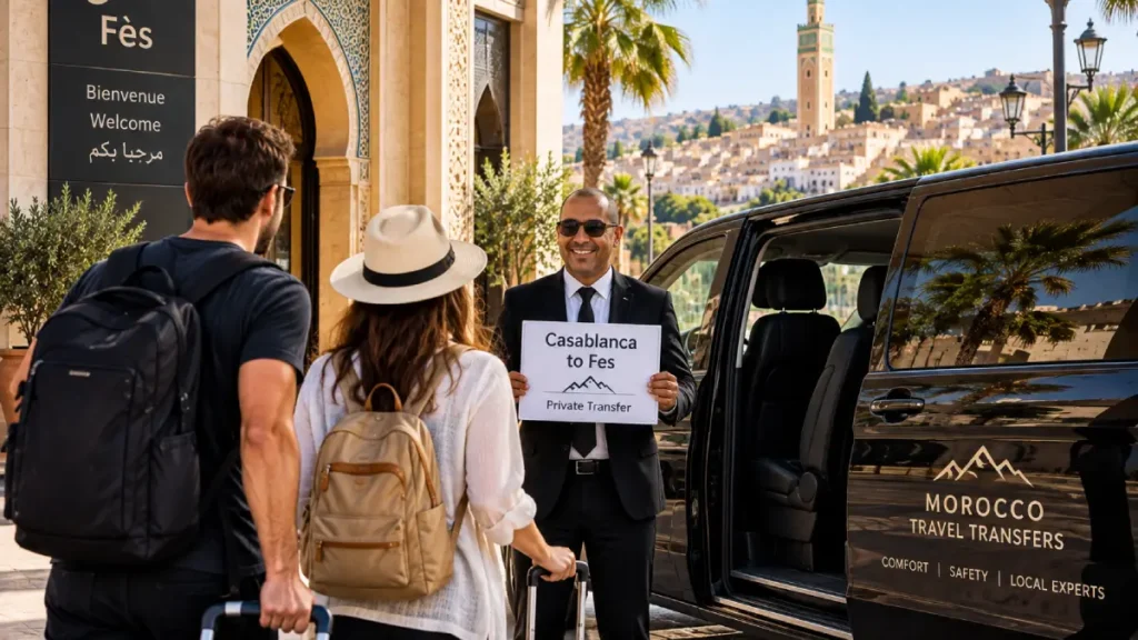 Private driver meeting travelers with luggage for a Casablanca to Fes transfer