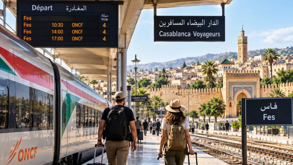 Travelers taking an ONCF train from Casablanca to Fes in Morocco