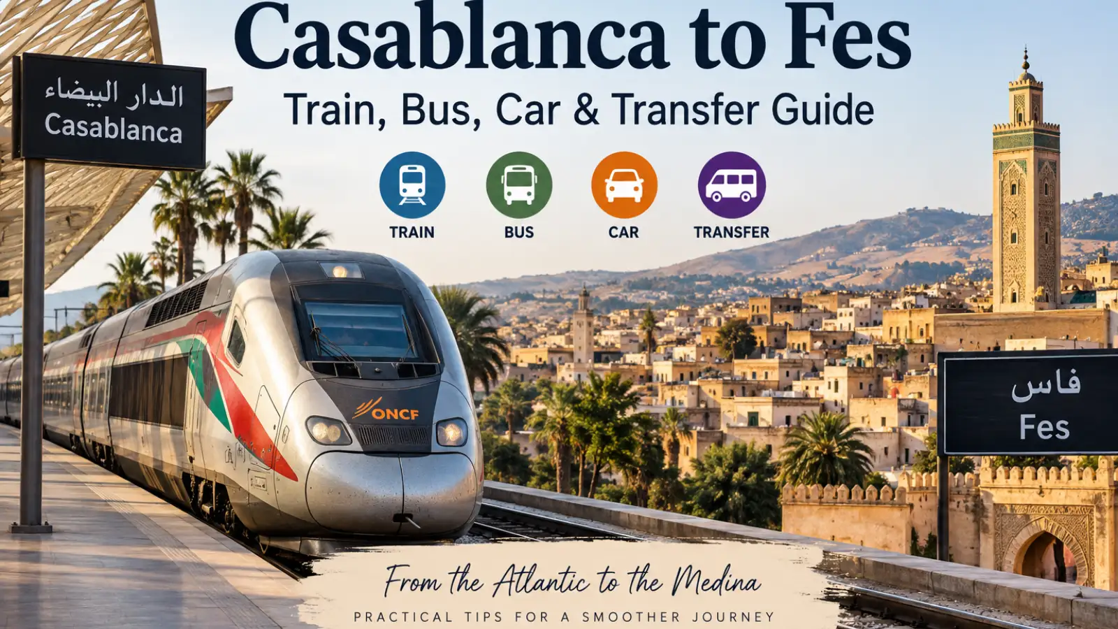 Train travel from Casablanca to Fes in Morocco with Fes medina in the background