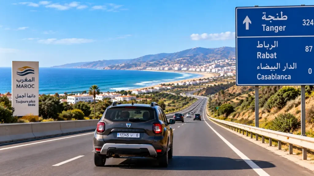 Rental car driving north from Casablanca toward Tangier on a Moroccan motorway