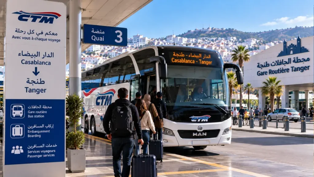 Travelers boarding a CTM bus from Casablanca to Tangier with luggage