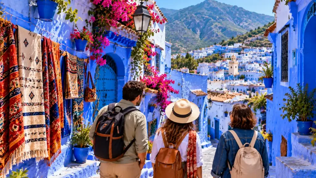 Travelers walking through the blue medina of Chefchaouen on a day trip from Tangier