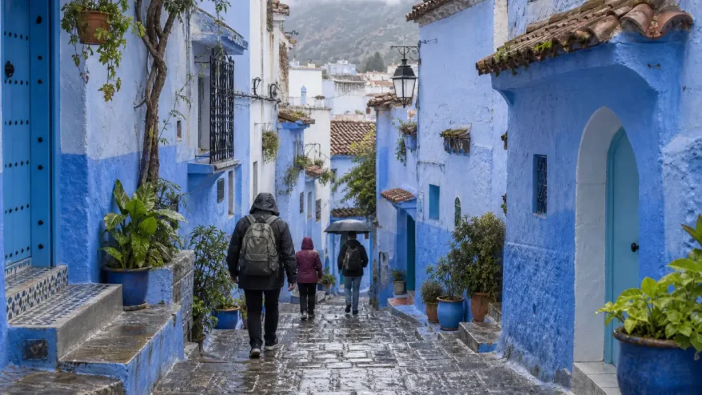 Visitors walking through wet blue streets in Chefchaouen in February