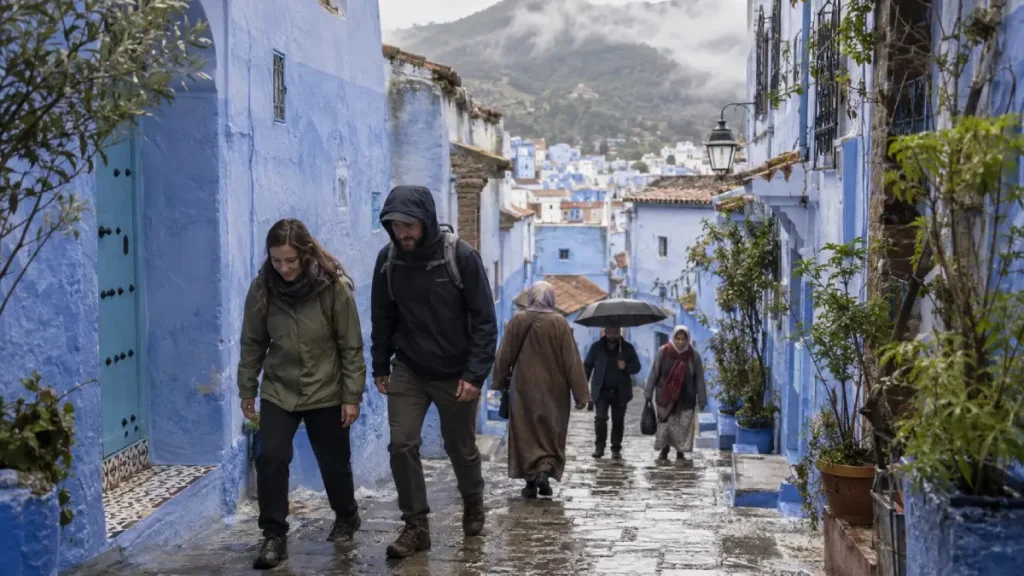 Travellers walking through a wet blue street in Chefchaouen during November