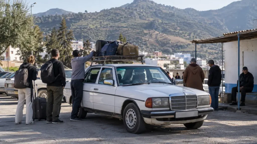 Travellers loading luggage onto a shared grand taxi in northern Morocco