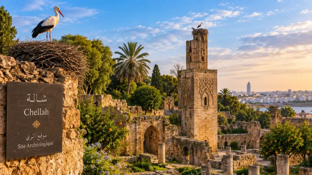 Chellah archaeological site with historic ruins and storks in Rabat Morocco