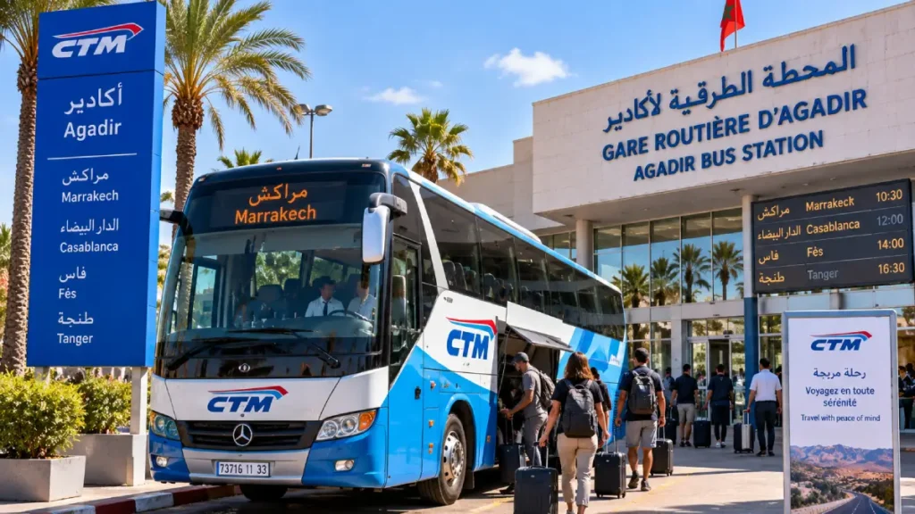 CTM bus at Agadir bus station for travel to Marrakech