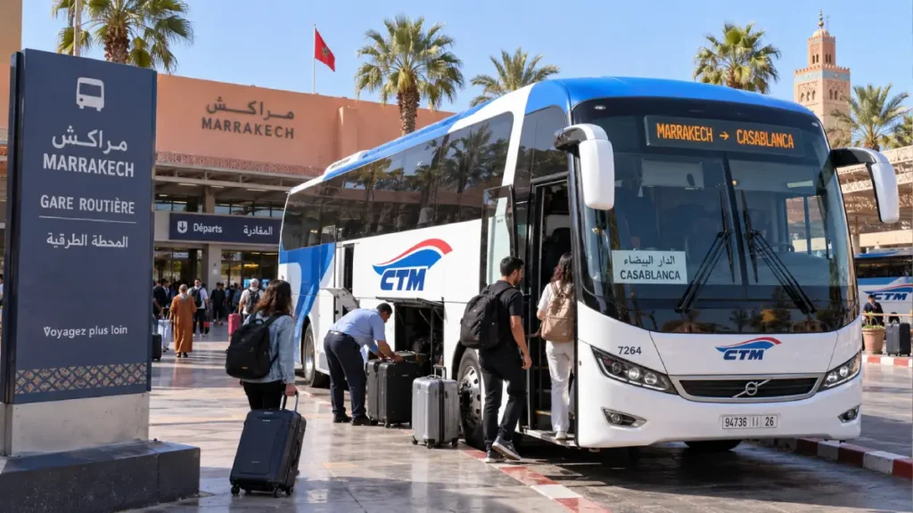 CTM bus departing Marrakech for Casablanca with travelers and luggage