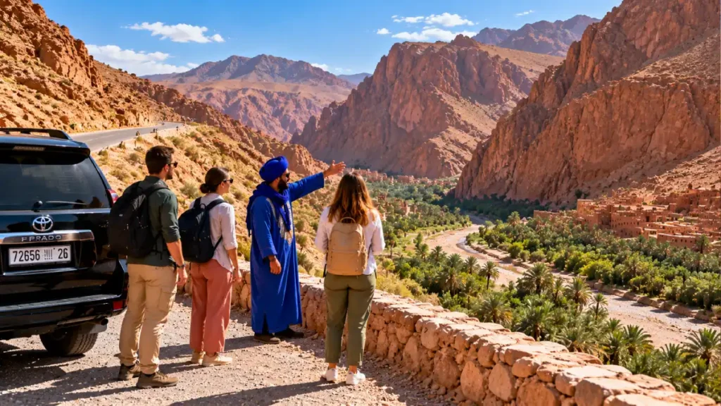 Travelers with local guide and Toyota Prado overlooking the Dades Valley on a Marrakech to Fes desert tour