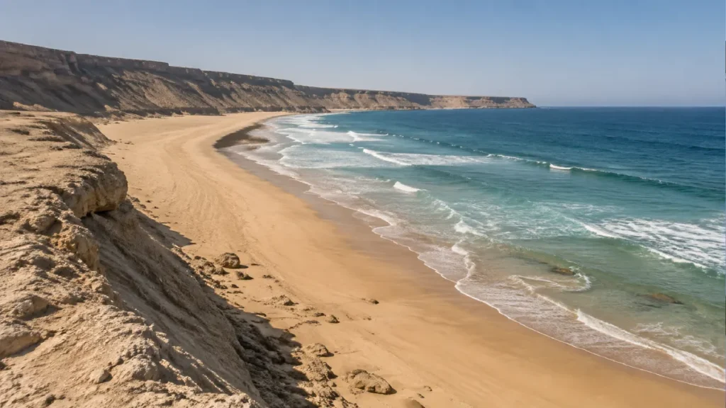 Remote Porto Rico beach near Dakhla with golden sand, Atlantic waves and desert cliffs