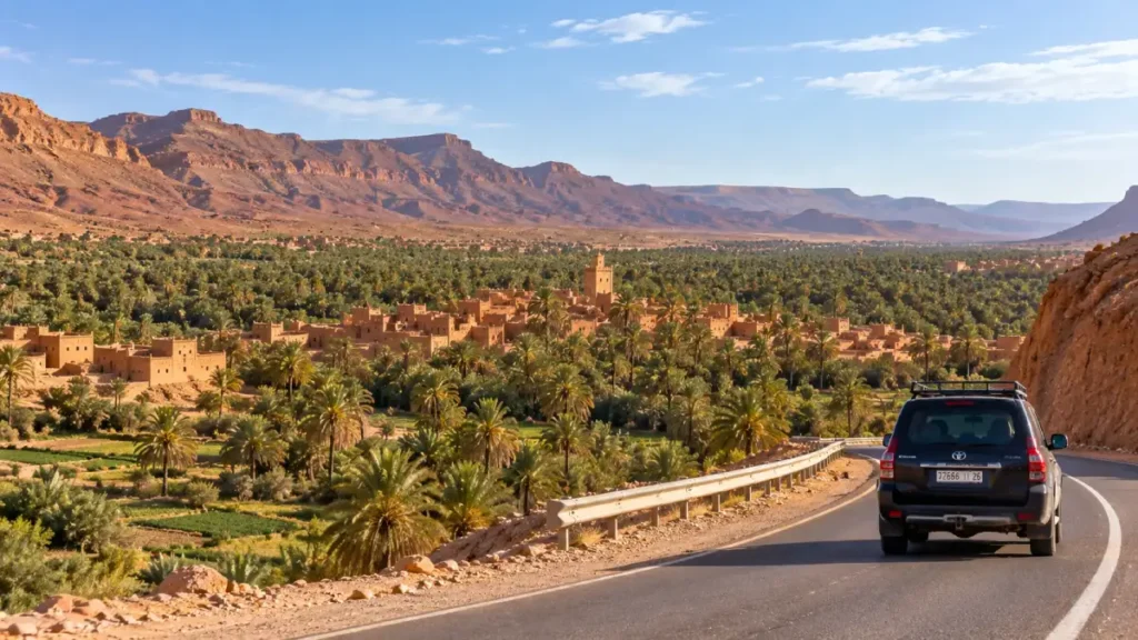 Toyota Prado driving through the Draa Valley palm groves on the road to Zagora