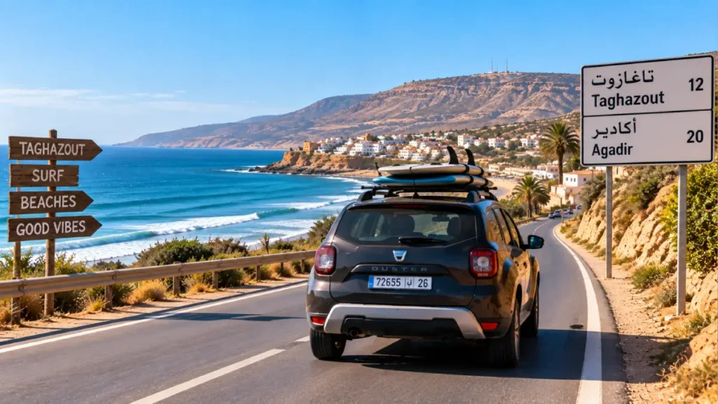 Rental car with surfboards driving along the coastal road from Agadir to Taghazout