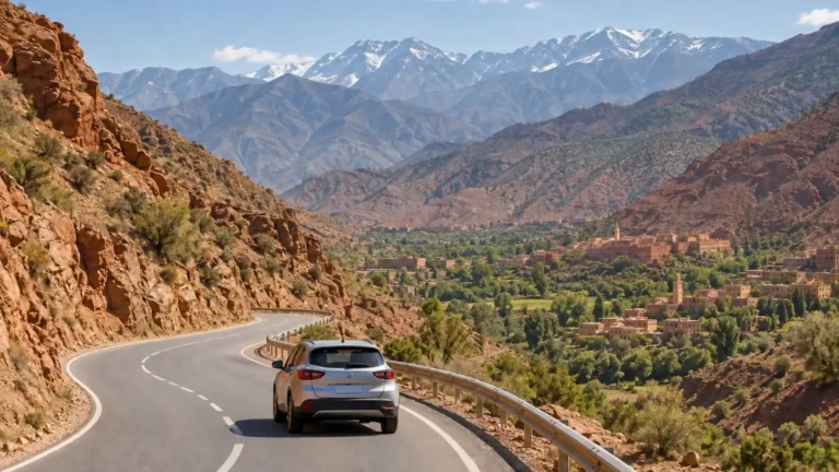 Rental car driving through Morocco’s High Atlas Mountains