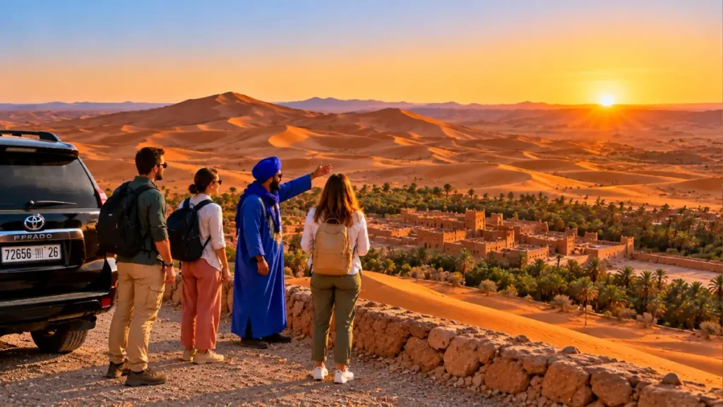 Travelers with local guide overlooking the Erg Chebbi dunes near Merzouga on a Marrakech to Fes desert tour