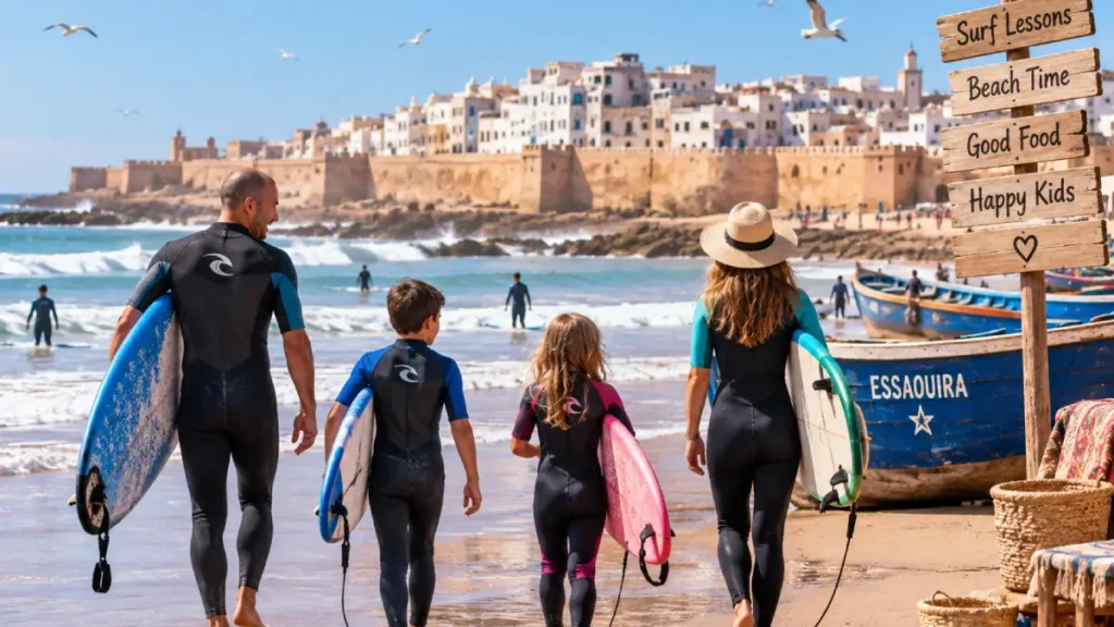 Family with children carrying surfboards on Essaouira beach in Morocco