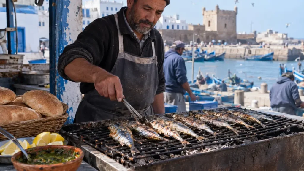 Fresh sardines grilling over charcoal near Essaouira port