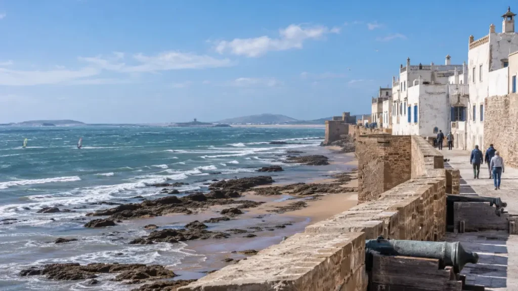 Breezy Atlantic coast and whitewashed buildings in Essaouira during May