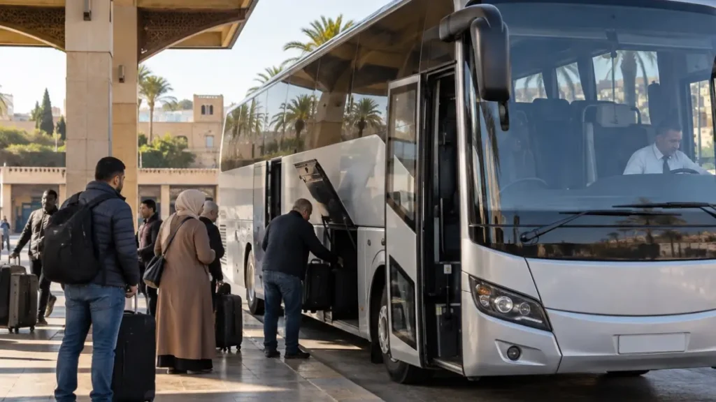 Passengers boarding a long-distance bus in Fes