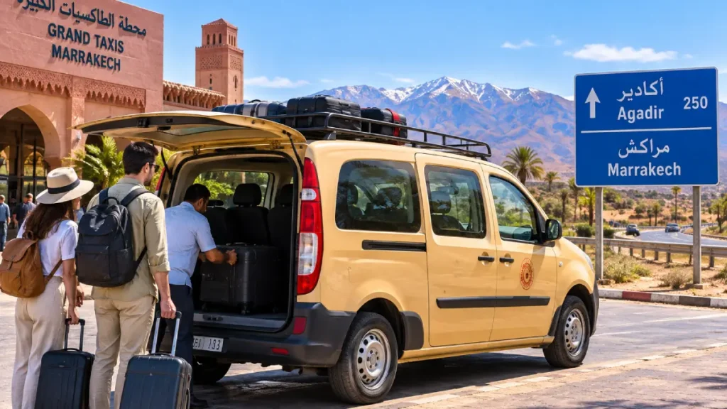 Beige grand taxi van used for intercity travel between Agadir and Marrakech