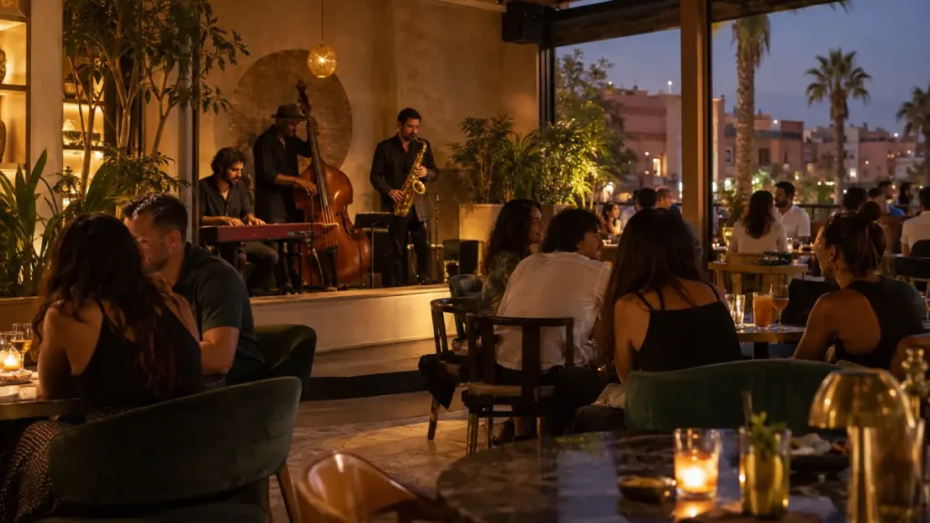 Live jazz musicians performing in a relaxed Gueliz bar in Marrakech