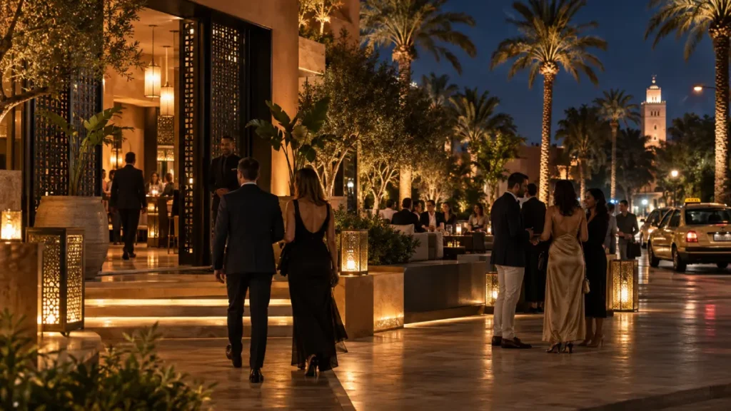 Well-dressed guests arriving at an upscale evening venue in Hivernage, Marrakech